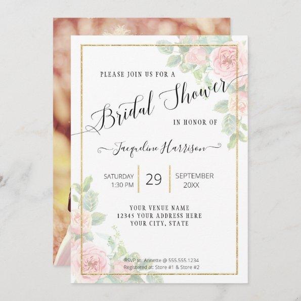 Elegant Floral Script Pink n Gold Bridal Shower Invitations