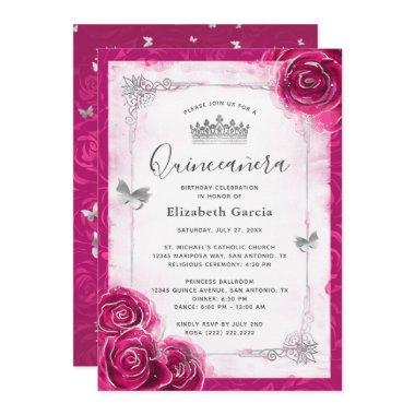 Elegant Floral Silver and Fuchsia Quinceanera