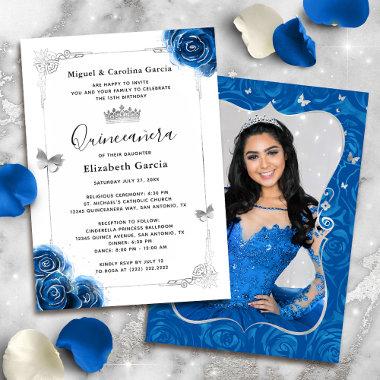 Elegant Floral Silver Royal Blue Quinceanera Photo Invitations