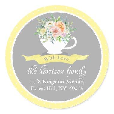 Elegant Floral Teacup Return Address Classic Round Sticker