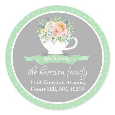 Elegant Floral Teacup Return Address Classic Round Sticker