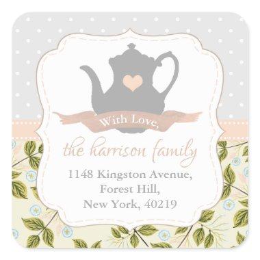 Elegant Floral Teapot Return Address Square Sticker