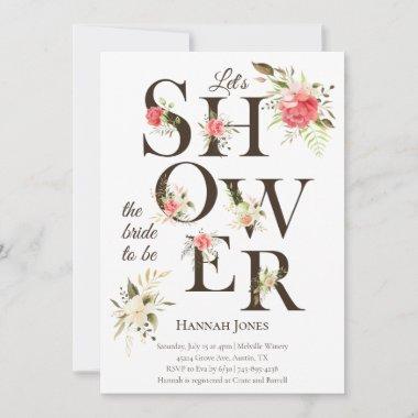 Elegant Floral Typography Coral Bridal Shower Invitations