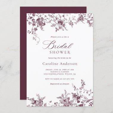 Elegant Floral Vintage Burgundy Bridal Shower Invitations