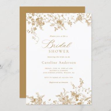 Elegant Floral Vintage Gold Script Bridal Shower Invitations