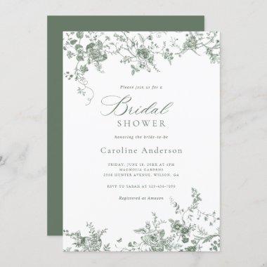 Elegant Floral Vintage Sage Green Bridal Shower Invitations