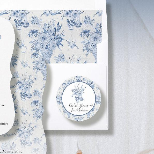 Elegant Floral Watercolor Blue White Bridal Shower Classic Round Sticker