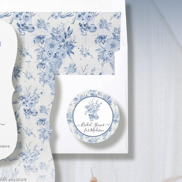 Elegant Floral Watercolor Blue White  Classic Round Sticker
