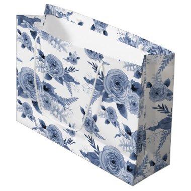 Elegant Floral Watercolor Blue White Bridal Shower Large Gift Bag