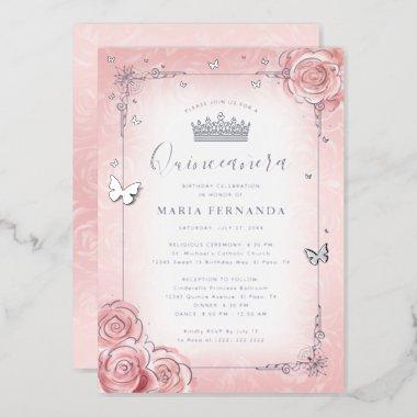 Elegant Floral Watercolor Light Pink Quinceanera Foil Invitations