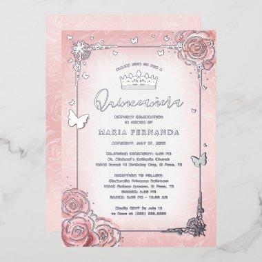 Elegant Floral Watercolor Light Pink Quinceanera Foil Invitations