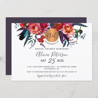 Elegant floral watercolor monogram bridal shower Invitations