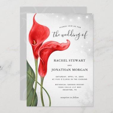 Elegant Floral Watercolor Red Calla Lily Wedding Invitations