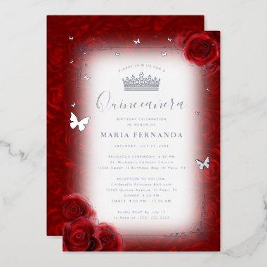 Elegant Floral Watercolor Red Rose Quinceanera Foil Invitations