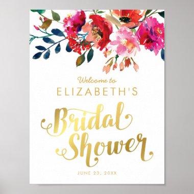 Elegant Floral Watercolor White Gold Bridal Shower Poster