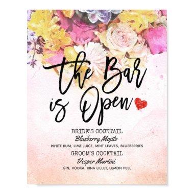 Elegant Floral Wedding The Bar is Open Drink Menu Poster