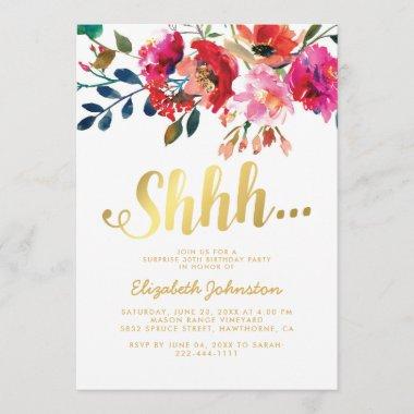 Elegant Floral White Gold Surprise Party Invitations