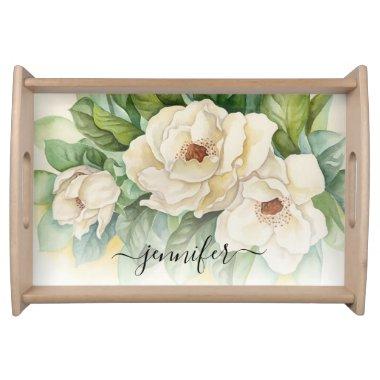 Elegant Floral White Magnolia Watercolor Name Serving Tray