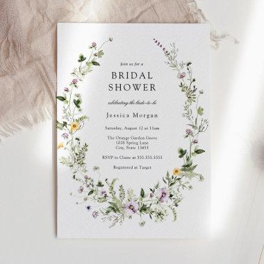 Elegant Floral Wildflower Wreath Bridal Shower Invitations