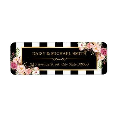 Elegant Flowers Black White Stripes Gold Frame Label