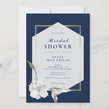 Elegant Formal Navy Golden Frame Bridal Shower Invitations
