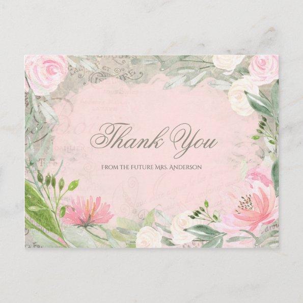 Elegant French Pink Floral Bridal Shower Thank You PostInvitations