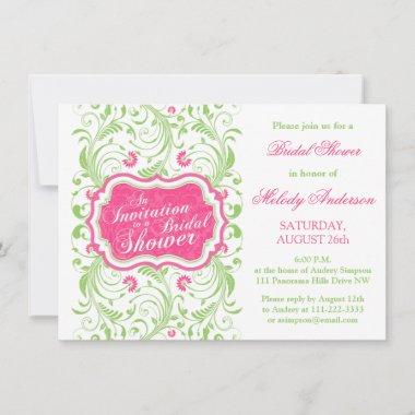 Elegant Fuchsia Pink Green Floral Bridal Shower Invitations