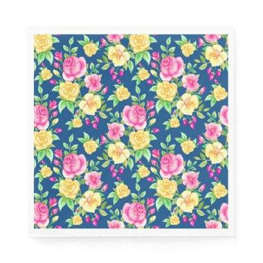 Elegant Fuchsia Pink Yellow Rose Floral Pattern Napkins