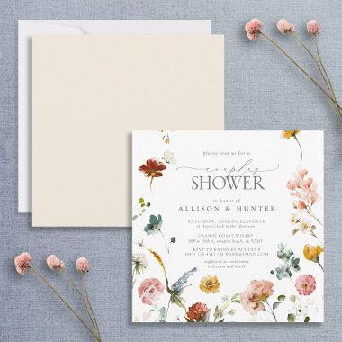 Elegant Garden Flowers Watercolor Couples Shower Invitations