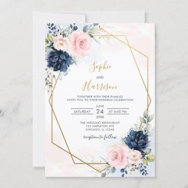 Elegant Geometric Navy and Blush Floral Wedding Invitations
