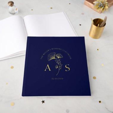 Elegant Ginkgo Leaves Dark Navy Wedding Foil Foil Guest Book