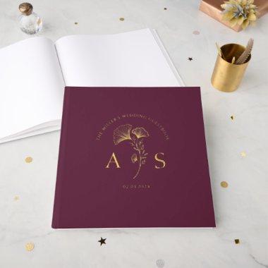 Elegant Ginkgo Leaves Wine Berry Wedding Foil Foil Guest Book