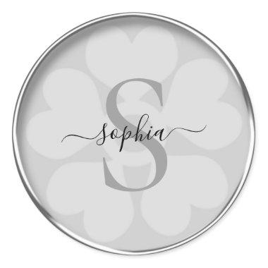 Elegant Girly Floral Silver Gray Monogram Name Classic Round Sticker