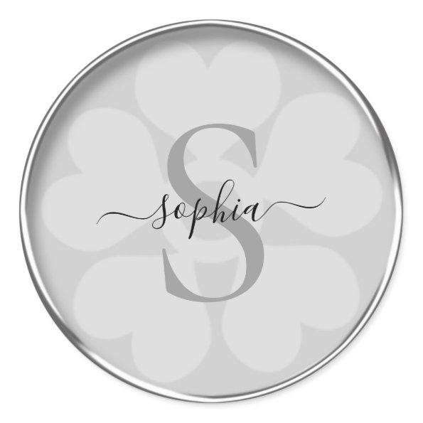 Elegant Girly Floral Silver Gray Monogram Name Classic Round Sticker