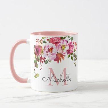 Elegant Girly Pink Rose Floral Name Monogrammed Mug