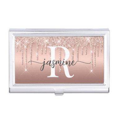 Elegant Girly Rose Gold Glitter Metallic Monogram Business  Case