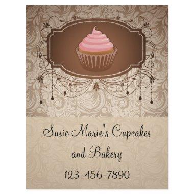 Elegant Glamour Mocha Damask Cupcake Design Flyer