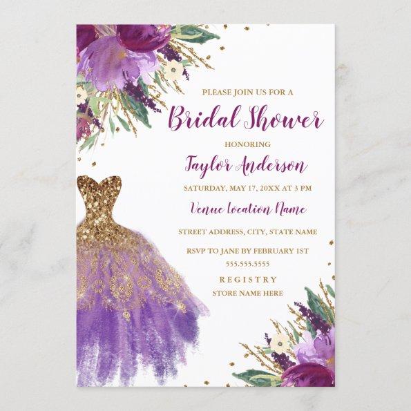 Elegant Glitter Amethyst Dress Bridal Shower Invitations