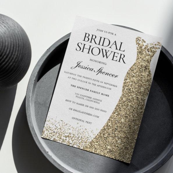 Elegant Glitter Gold Dress Bridal Shower Invite