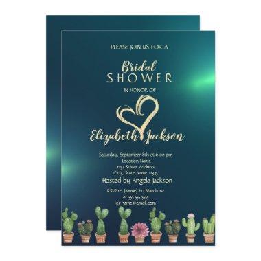 Elegant Glitter Heart Cactus Green Bridal Shower Invitations