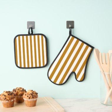 Elegant Gold and White Striped Pattern Oven Mitt & Pot Holder Set