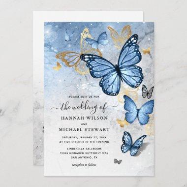 Elegant Gold Baby Blue Butterfly Wedding Invitations