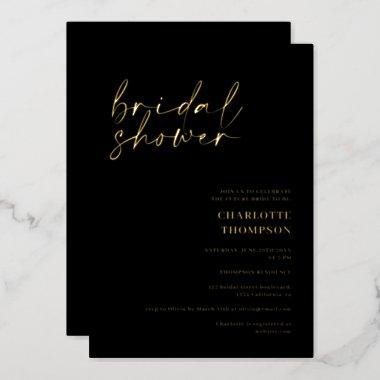 Elegant gold black casual script bridal shower foil Invitations