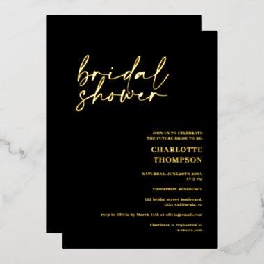 Elegant gold black casual script bridal shower foil Invitations