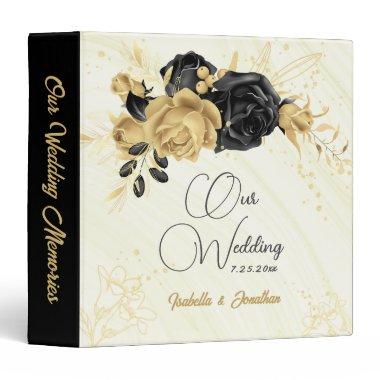 elegant gold & black flowers marble wedding album 3 ring binder