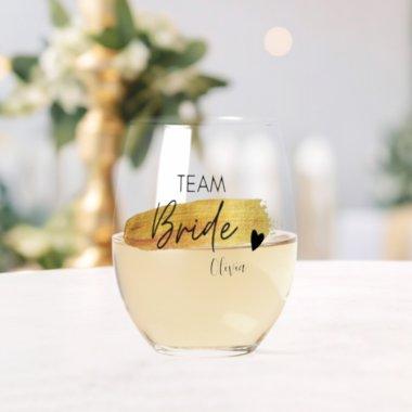 Elegant Gold & Black Modern Typography Team Bride Stemless Wine Glass