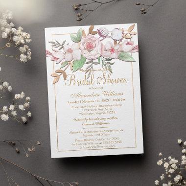 Elegant Gold Blush Pink Mint Floral Bridal Shower Invitations