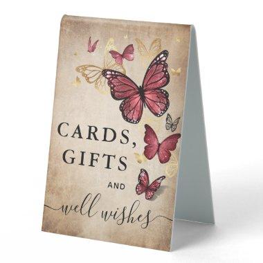 Elegant Gold Burgundy Butterfly  and Gifts Table Tent Sign