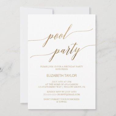 Elegant Gold Calligraphy Pool Party Birthday Invitations