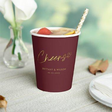 Elegant Gold Cheers Personalized Burgundy Wedding Paper Cups